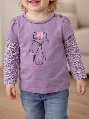 NWT Mexx Top w/ Floral Sleeves & Cat Graphic Purple size 24–30M